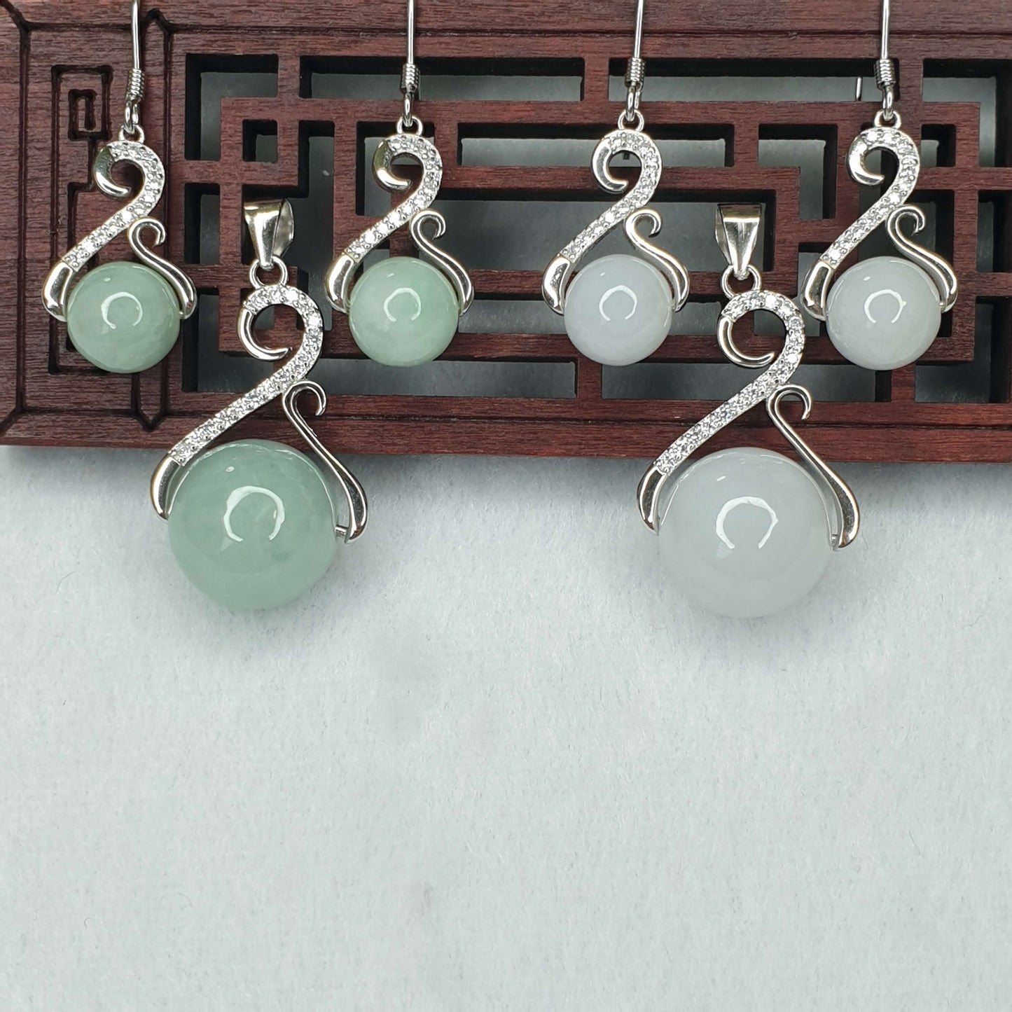 Jadeite Jade Jewlery Set Pendant with Dangle Earring White & Light Green (AFG-003) Best Gift, Ideal Gift, Top Gift, Anniversary Gift, Couple Gift, Birthday Gift, for girl, for women, for parent, parent gift