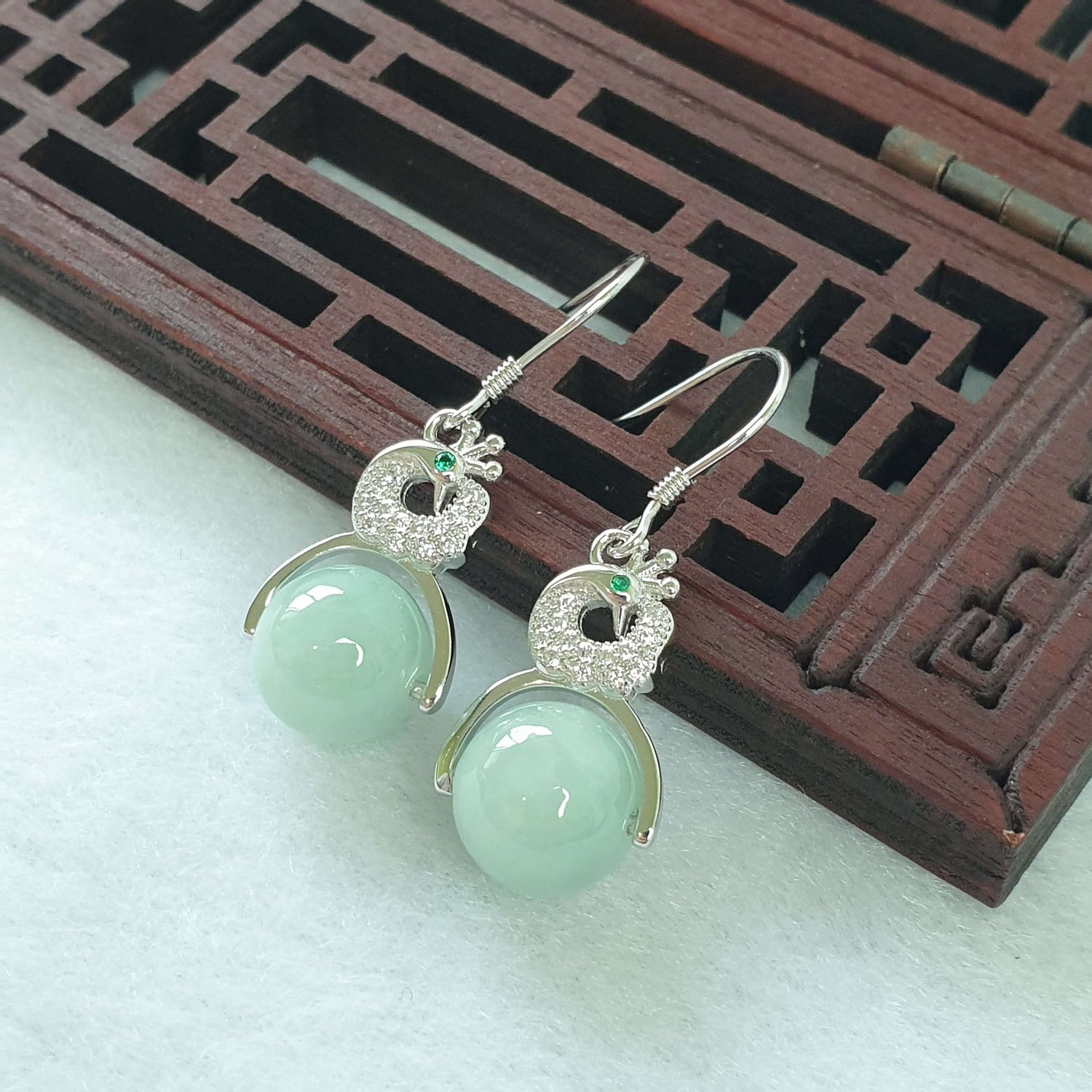 Jadeite Jade Peacock Dangle Earrings (AFG-EDG-001) Best Gift, Ideal Gift, Top Gift, Anniversary Gift, Couple Gift, Birthday Gift, for girl, for women, for parent, parent gift