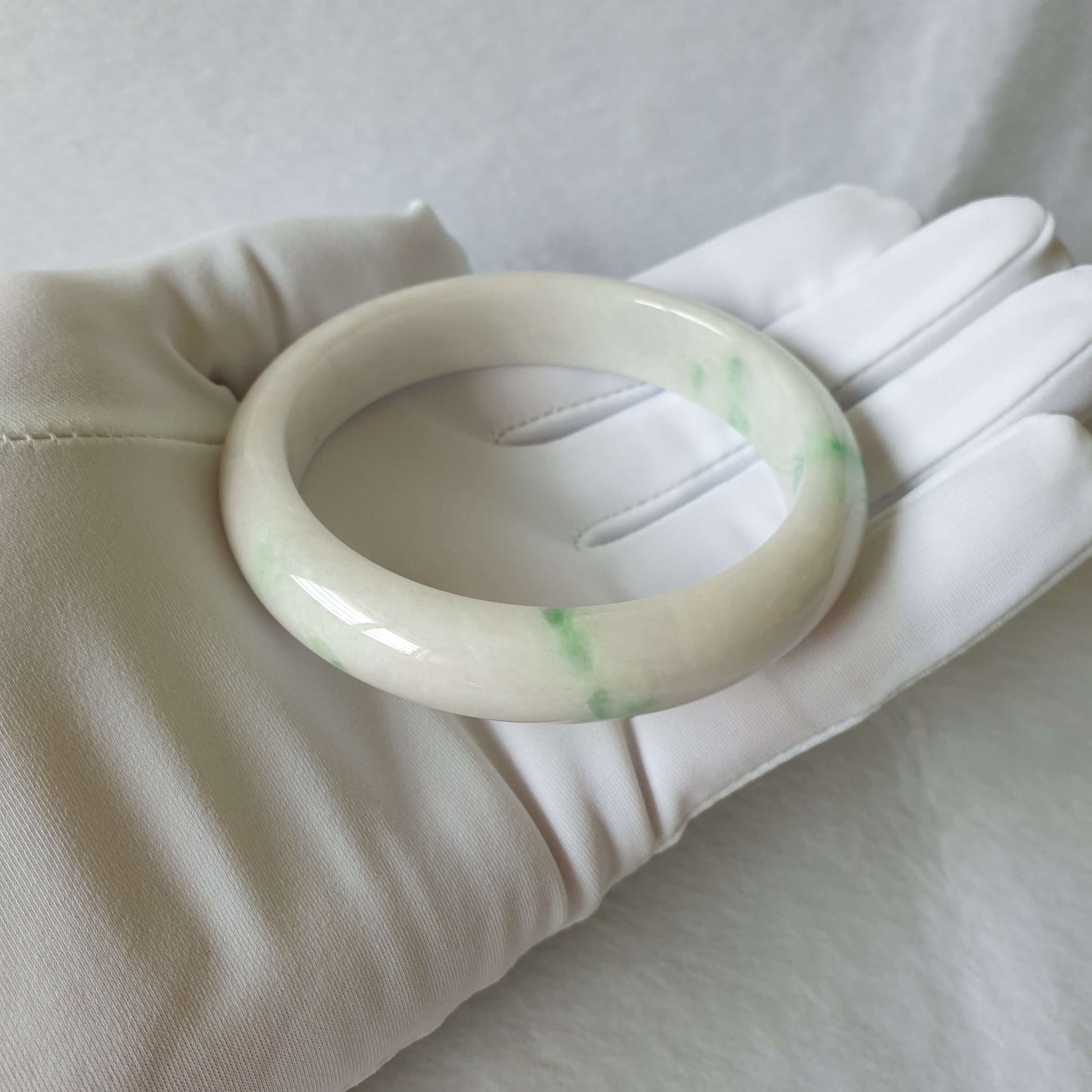 59.8mm White with Green Type A Jadeite Jade Semi-Round Bangle (BGL00414) Best Gift, Ideal Gift, Top Gift, Anniversary Gift, Couple Gift, Birthday Gift, for girl, for women, for parent, parent gift