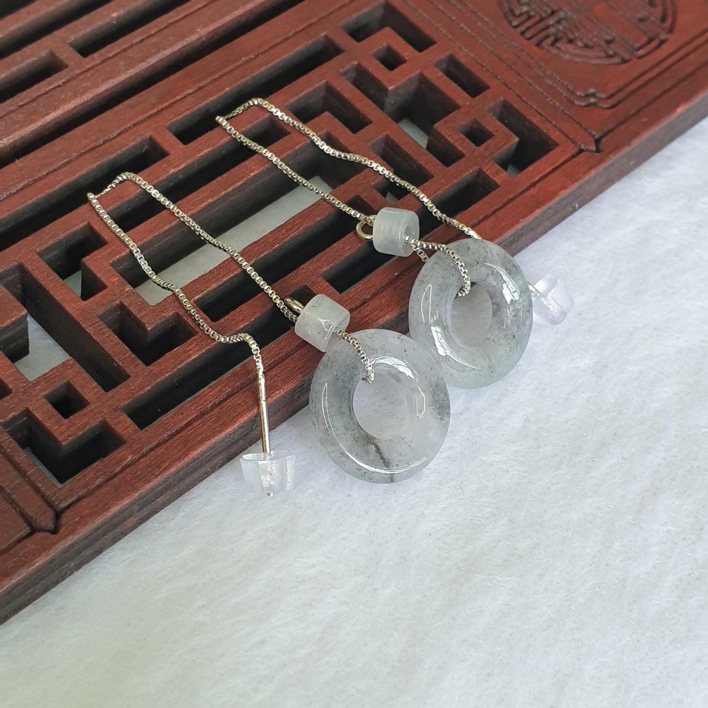 Myanmar Burma Natural Type A Icy Grey Jadeite Jade Threader Earring Women Female Jewellery Jewelry 缅甸天然A货冰种乌鸡灰色翡翠耳链耳饰耳环女性首饰玉石珠宝