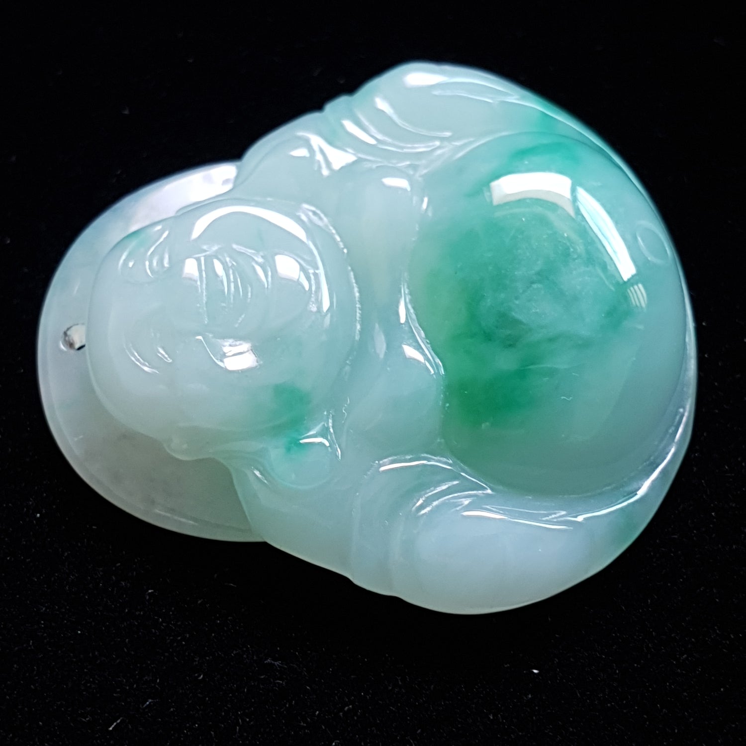 糯种飘绿色佛公/笑佛翡翠吊坠 (Type A Jadeite Jade Laughing Buddha Pendant) PLB15334