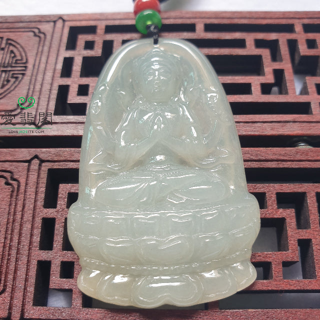 Guan Yin jade pendant worn as a necklace for daily protection